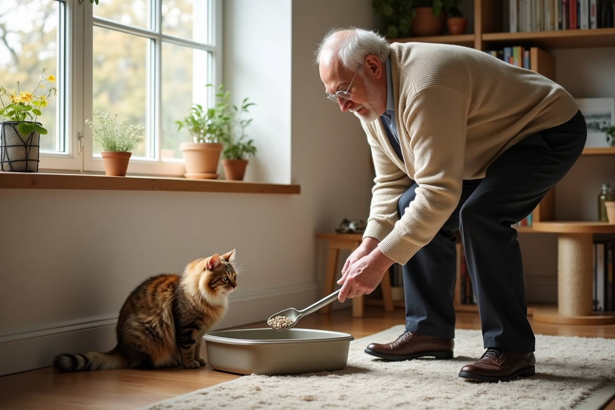 Homme âgé nettoyant la litière dans le salon