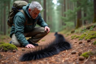Homme en randonnée observant des chenilles processionnaires