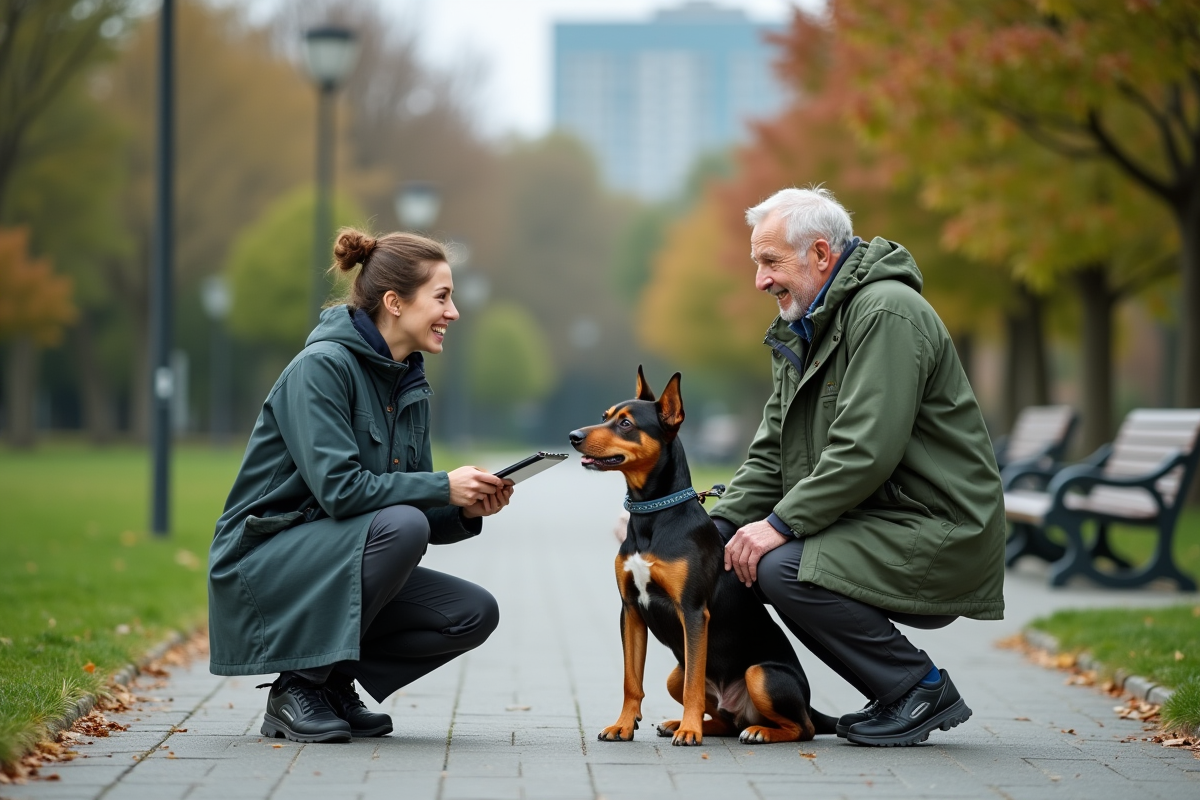 Homme avec chien parlant à un agent de rescue dans un parc urbain
