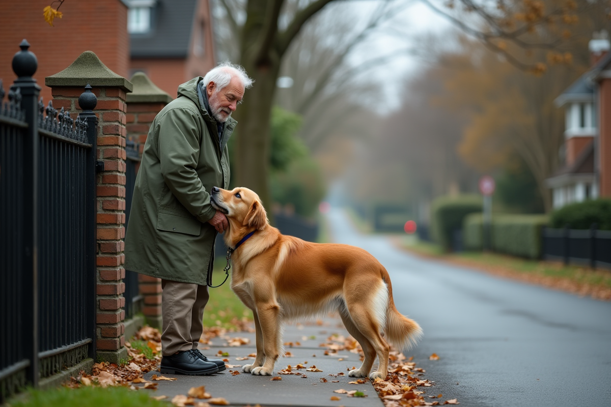 Homme âgé avec retriever dans une rue résidentielle
