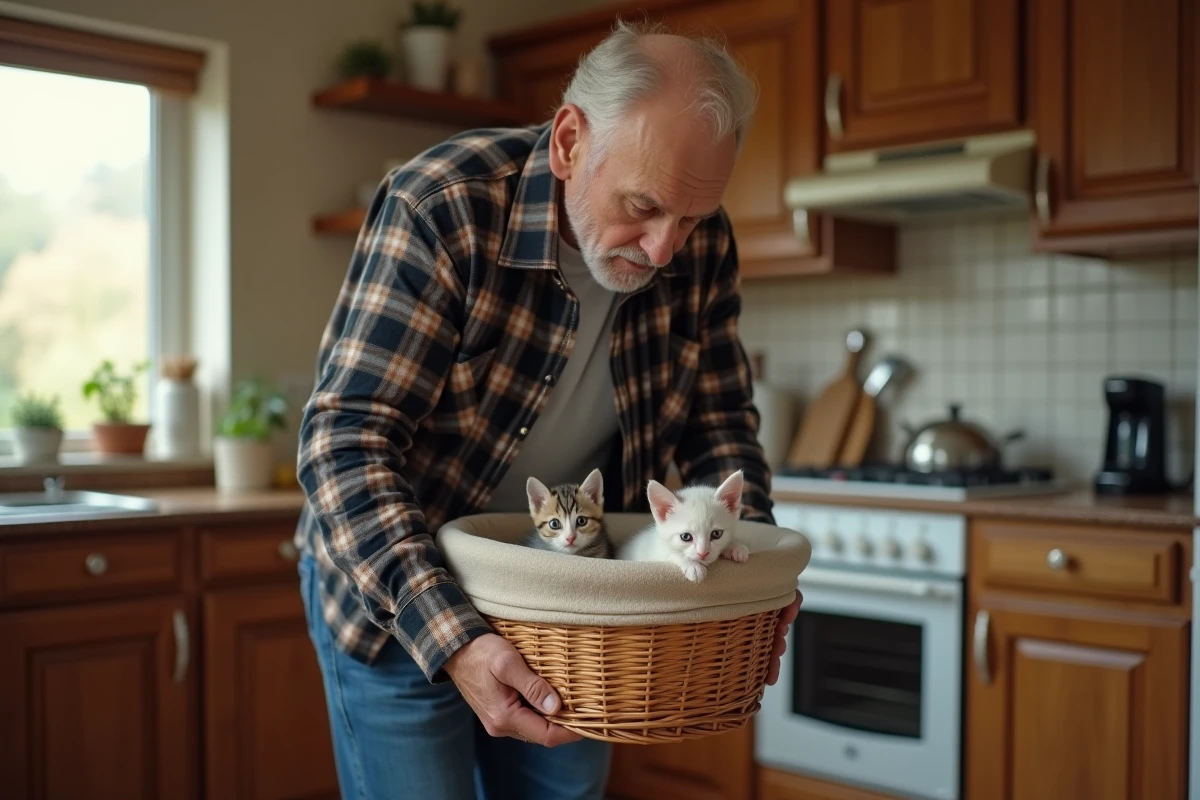 Homme d age transportant des chatons dans une cuisine chaleureuse