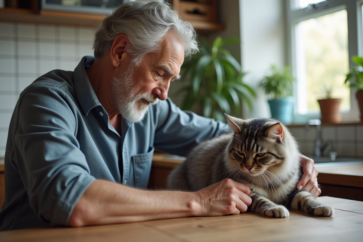 Homme agee coupant les mats de son chat dans la cuisine