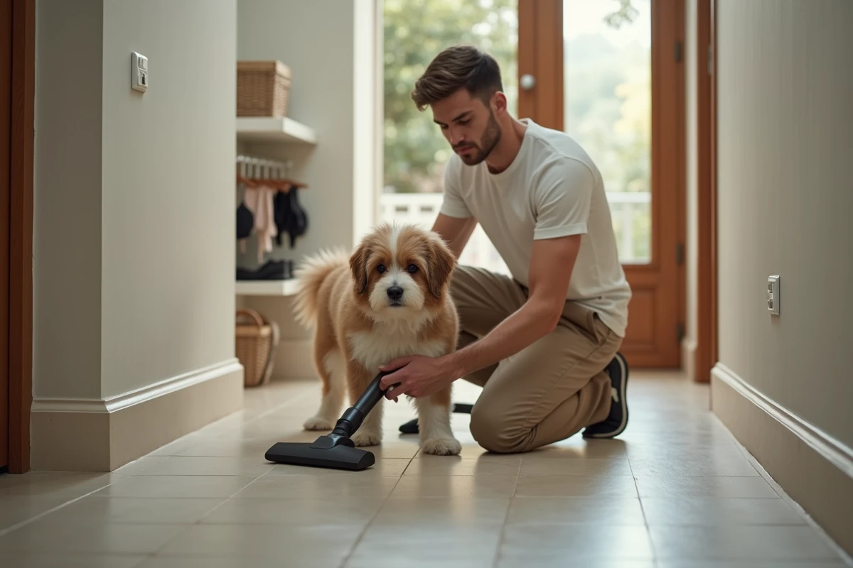 Jeune homme aspirant un chien dans un couloir moderne