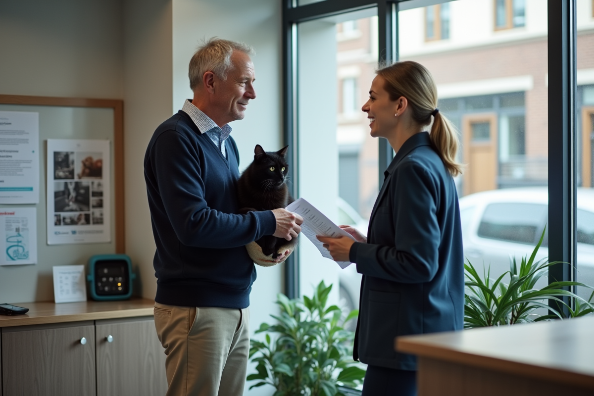 Homme avec chat dans une clinique vétérinaire