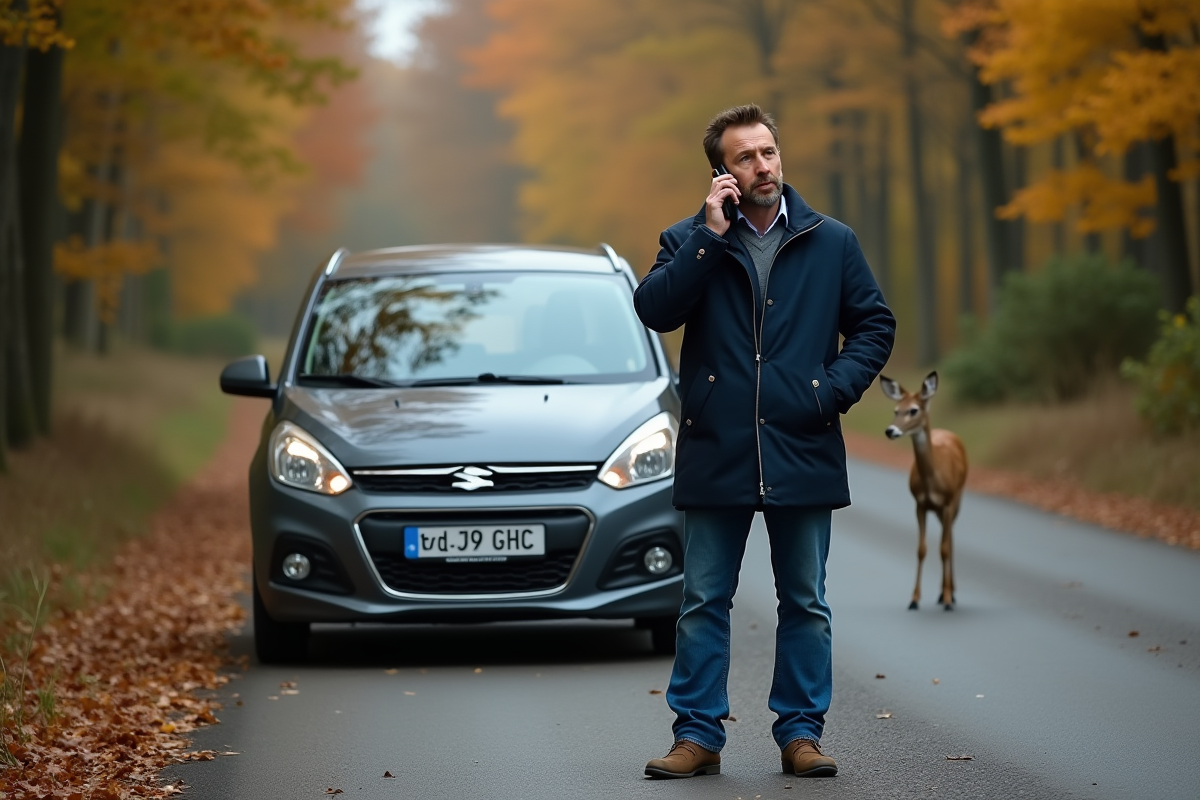 Homme en parka navy près d'une voiture en campagne avec un chevreuil