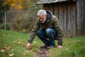 Homme inspectant des déjections animales dans un jardin rural