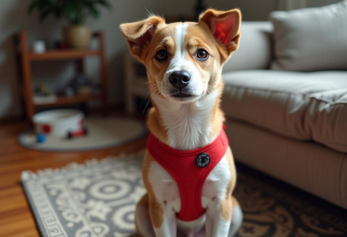 Jeune chien assis sur tapis dans le salon chaleureux