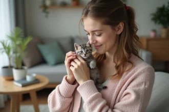 Jeune femme caressant un chaton nouveau-ne dans un salon cosy