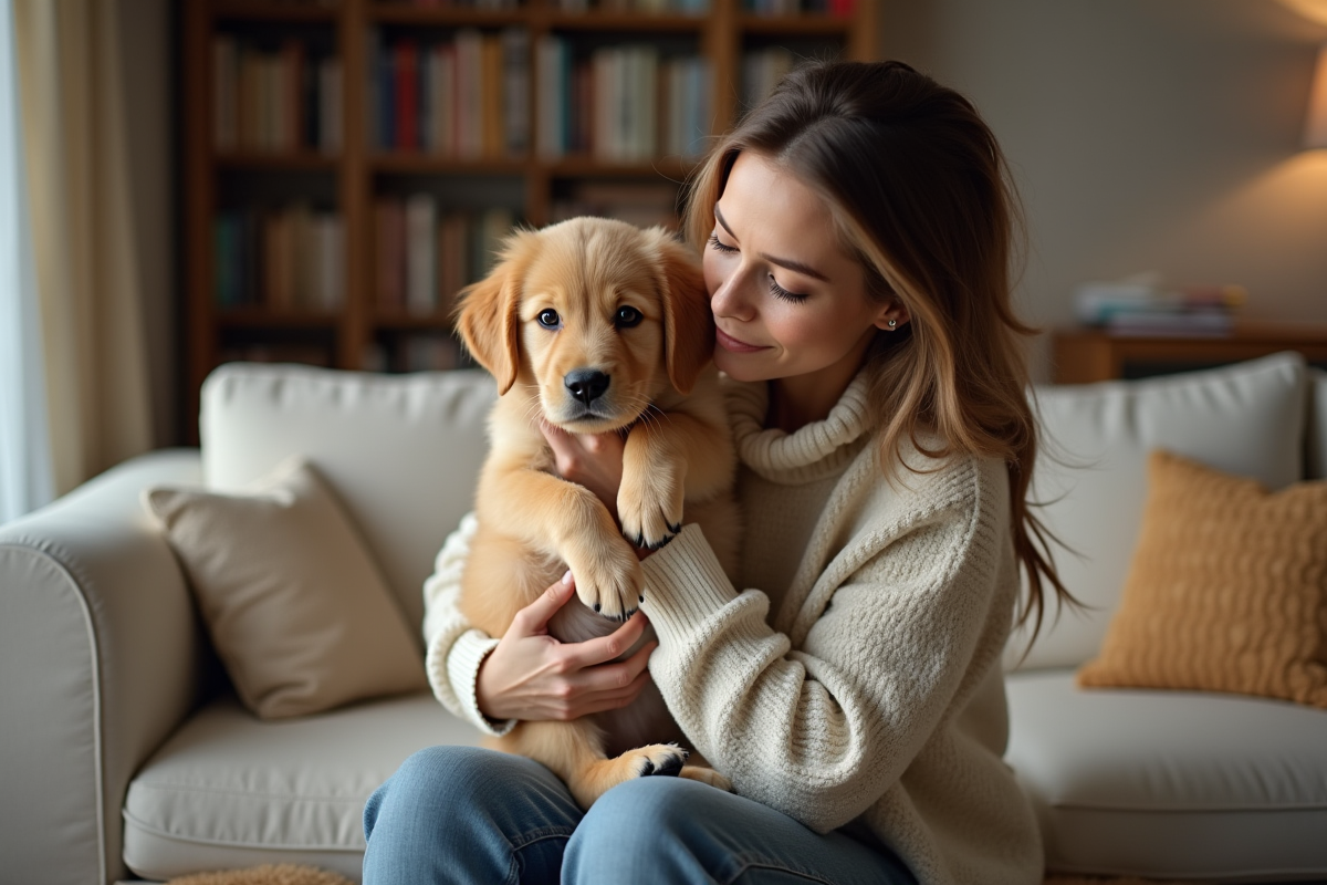 Jeune femme avec chiot golden retriever dans un salon chaleureux