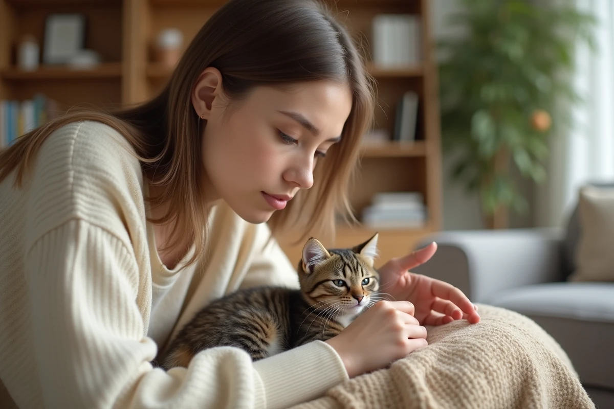 Jeune femme examine un petit chaton dans un salon cosy