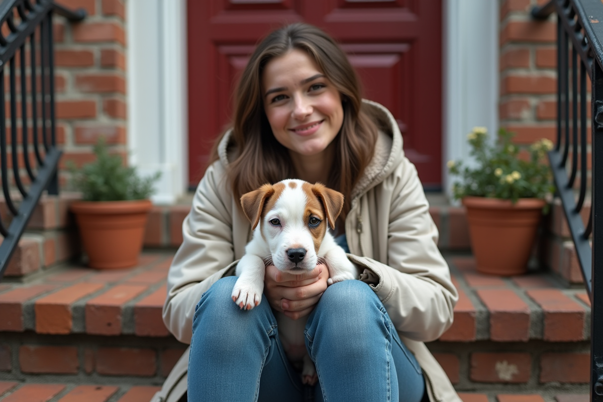 Jeune femme tenant un chiot staffordshire en ville