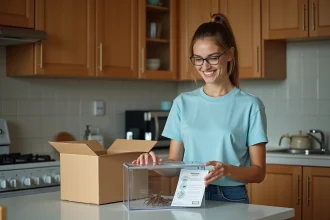 Jeune femme déballant un formicarium dans la cuisine lumineuse