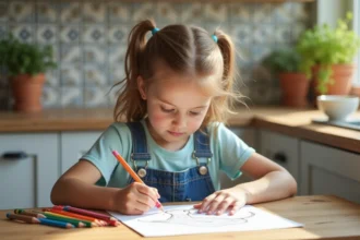 Jeune fille coloriant un dessin d'oiseau dans la cuisine lumineuse