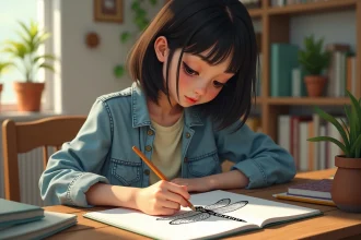 Jeune fille dessinant un dragonfly manga dans sa chambre lumineuse