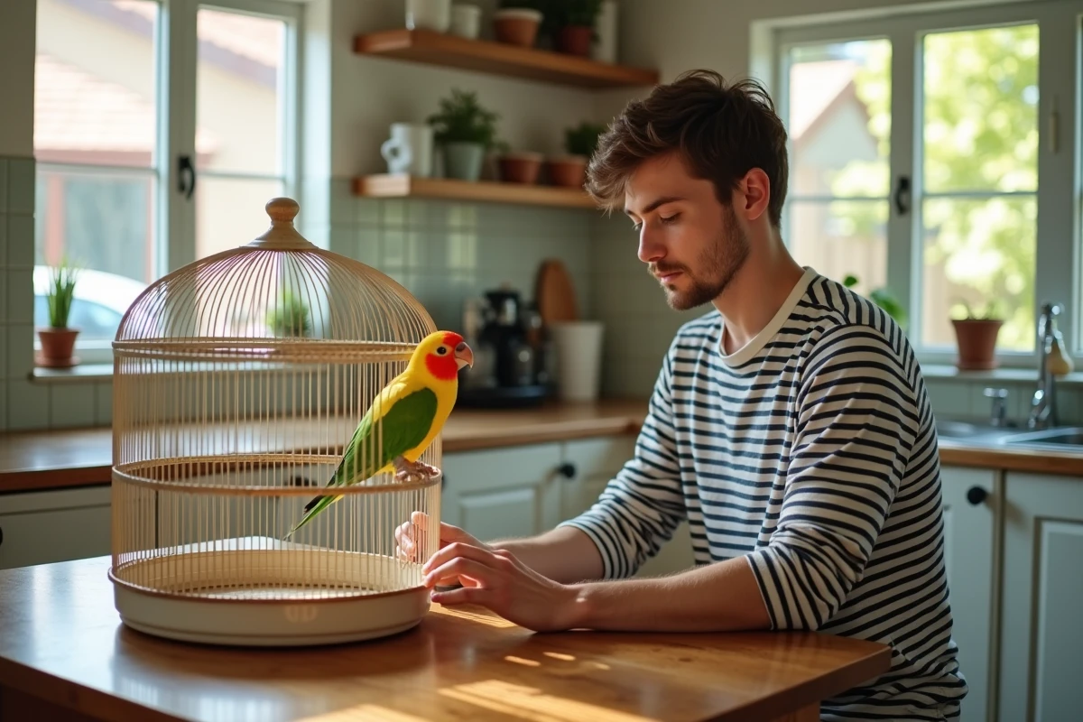 Jeune homme assemble une cage pour un rosella en cuisine