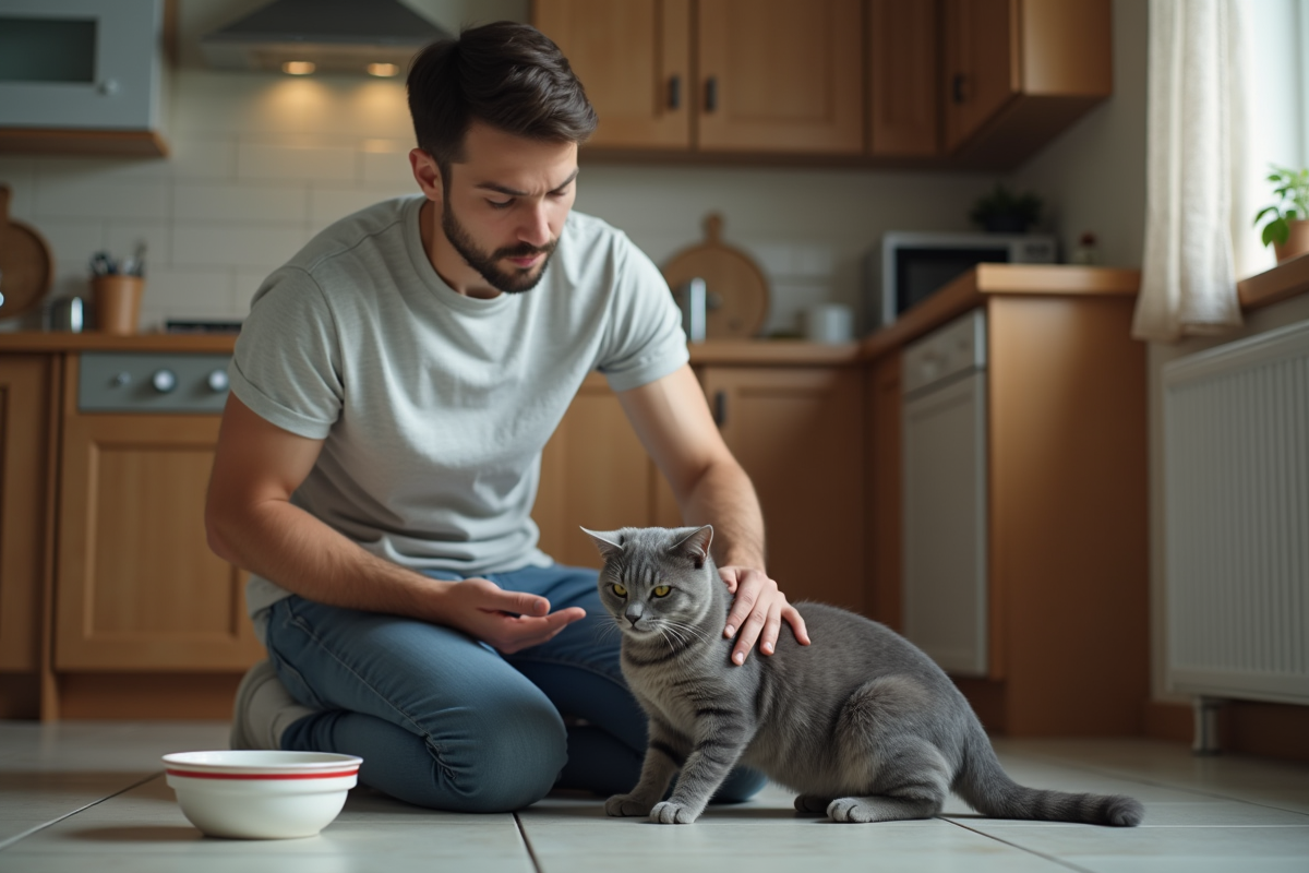 Jeune homme caressant un chat dans la cuisine