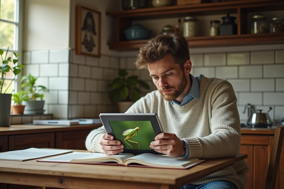 Jeune homme comparant un livre et une tablette avec une mante religieuse