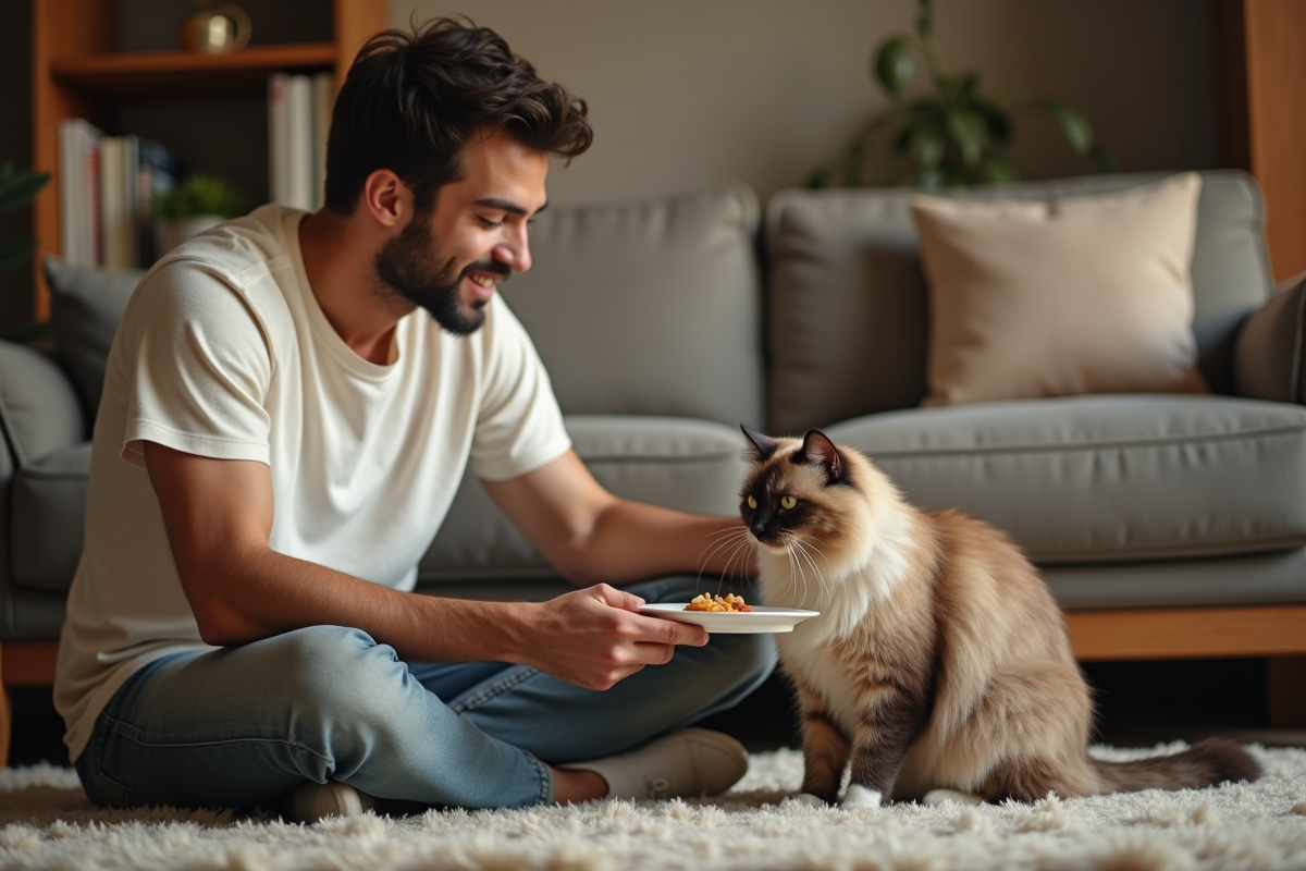 Jeune homme donnant à manger à un chat persan dans le salon