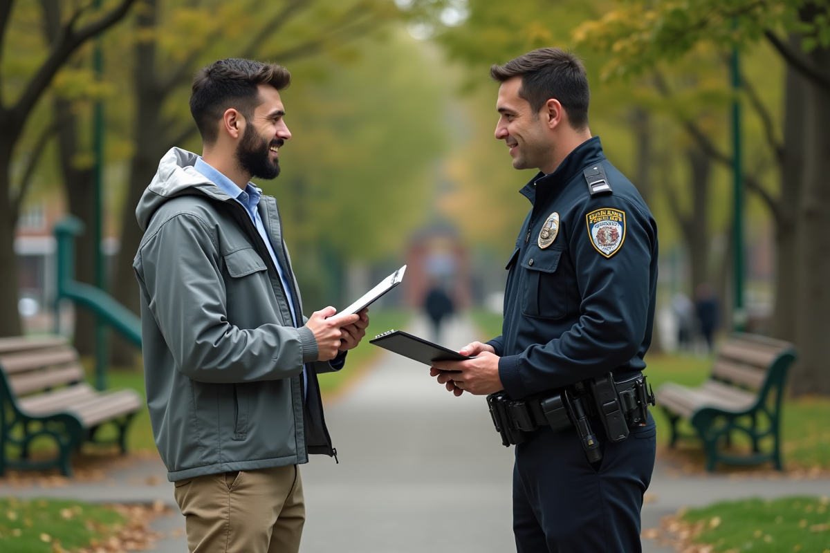 Jeune homme parlant avec un agent municipal dans un parc