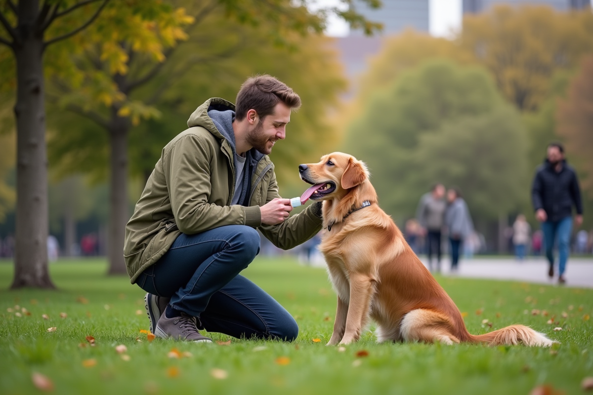 Jeune homme avec son chien dans un parc en test genetique