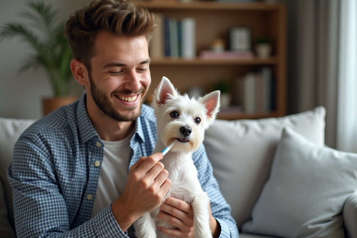 Jeune homme souriant avec un petit terrier utilisant une brosse à dents
