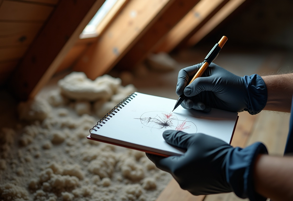 Main gantée notant des déjections dans un grenier poussiereux