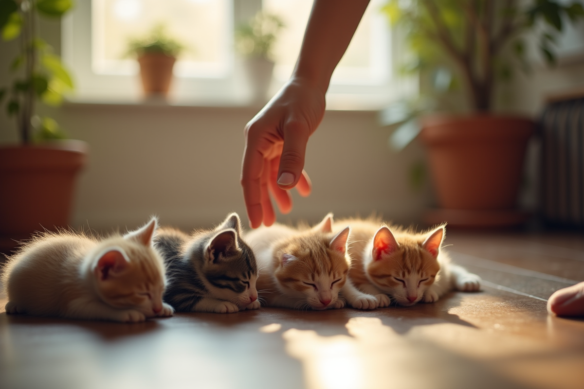 Main humaine approchant doucement des chatons endormis près de leur mère
