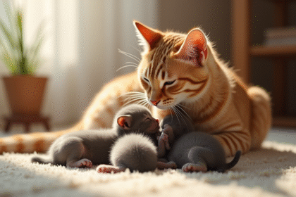Maman chatte caressant ses chatons nouveau-nés dans un intérieur lumineux