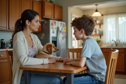 Femme préoccupée avec son fils et chien dans la cuisine