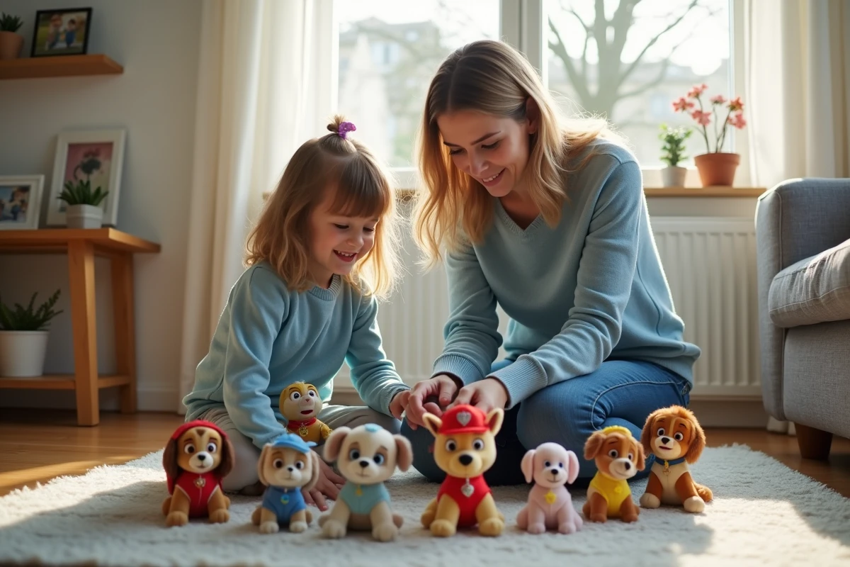 Maman et fille jouant avec des peluches Paw Patrol