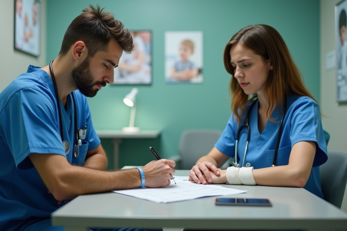 Professionnel de santé et patiente avec bandage dans une salle