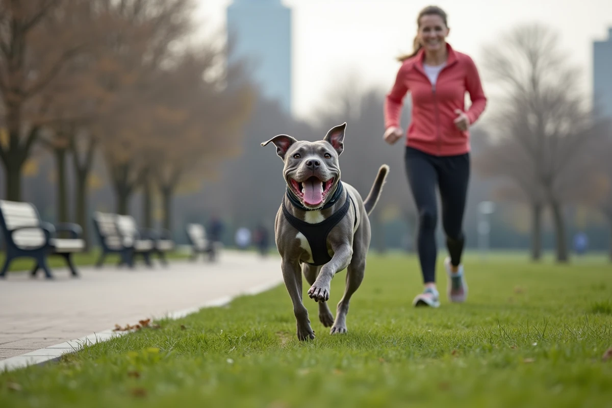 Chienne staffordshire bleue courant dans un parc urbain
