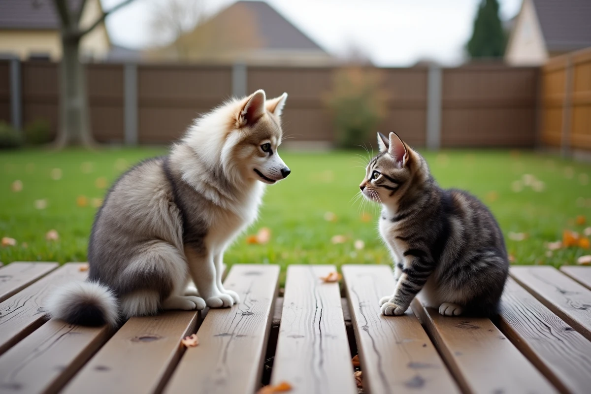 Pomsky et chat gris observant dehors sur terrasse