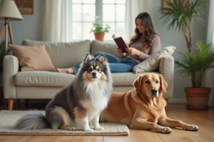 Pomsky gris et blanc avec retriever au salon