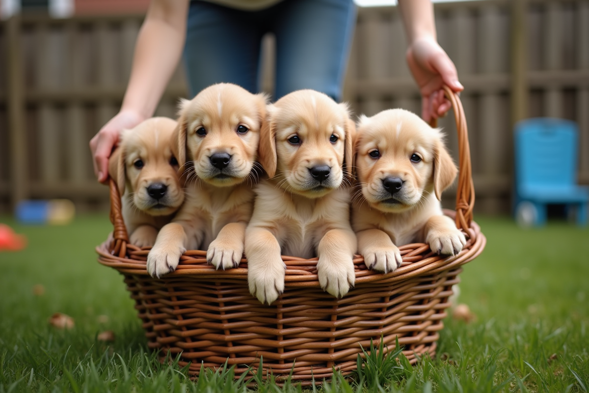 Jeune enfant avec chiots golden retriever dans un jardin