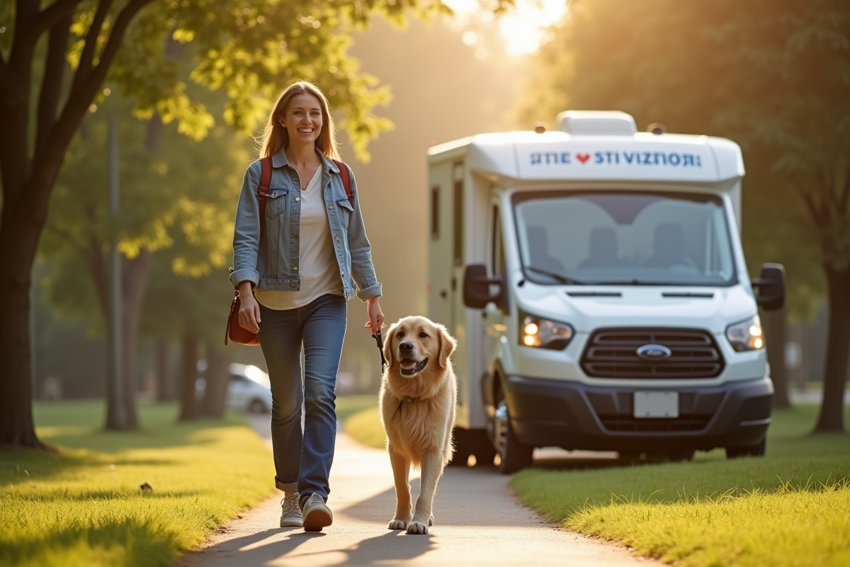 Propriétaire promenant son chien dans un parc ensoleille