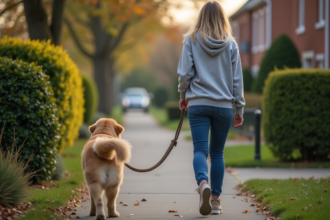 Femme avec chien dans un quartier calme et verdoyant