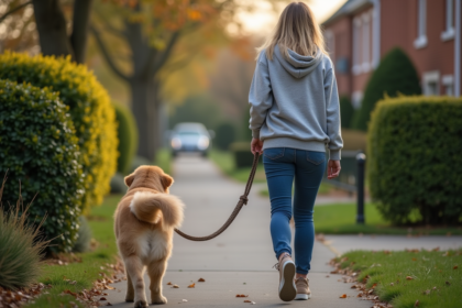 Femme avec chien dans un quartier calme et verdoyant
