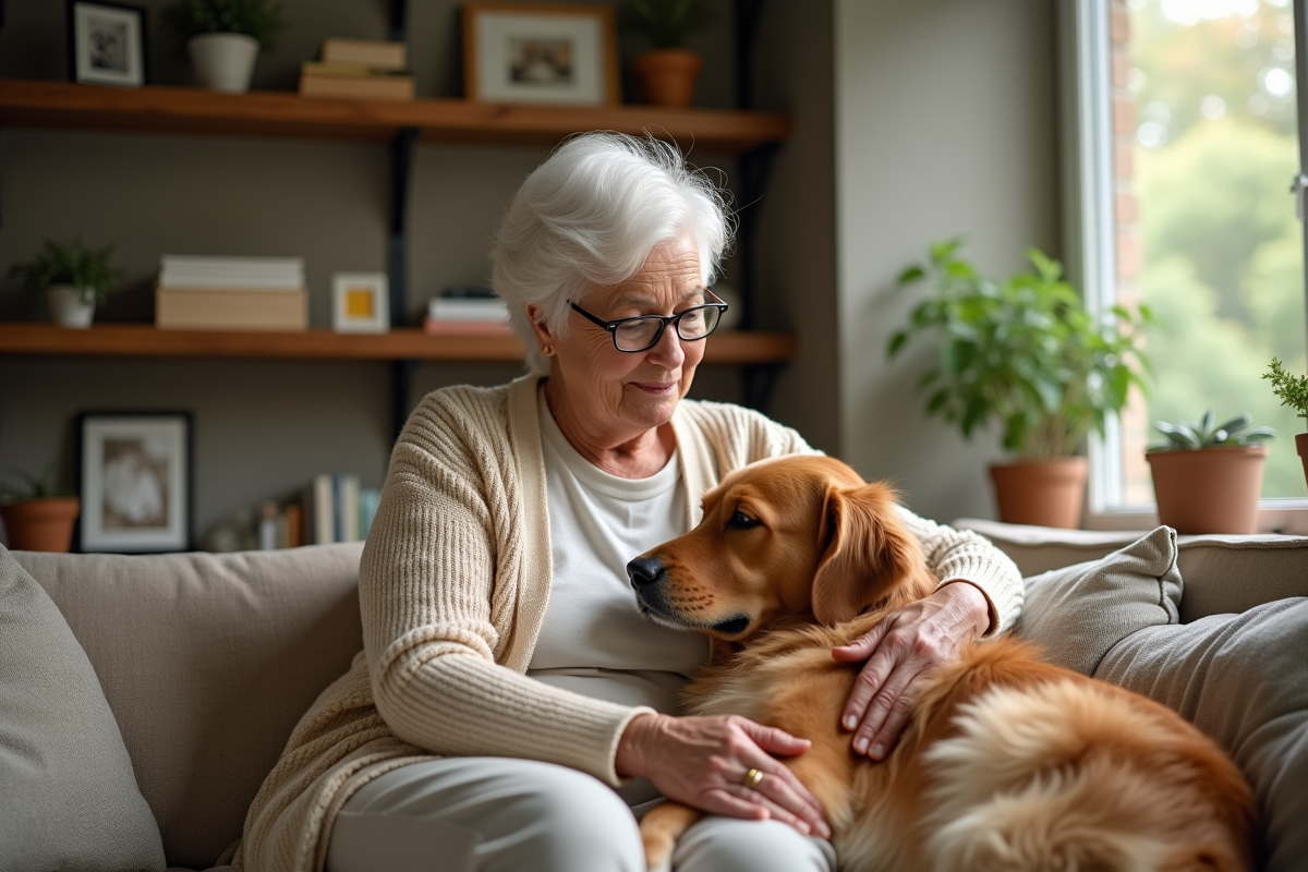 Femme âgée avec son chien golden retriever dans un salon chaleureux