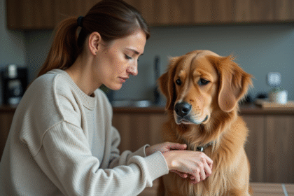 Femme appliquant une pommade à un chien golden retriever