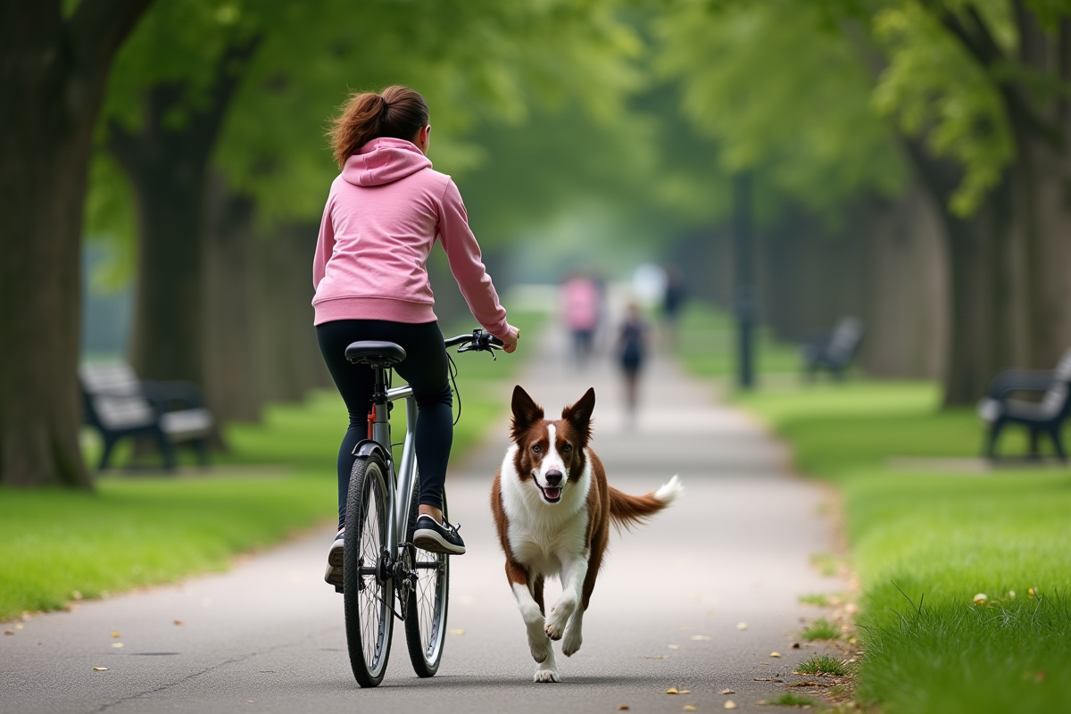 Jeune femme à vélo avec son chien dans un parc urbain