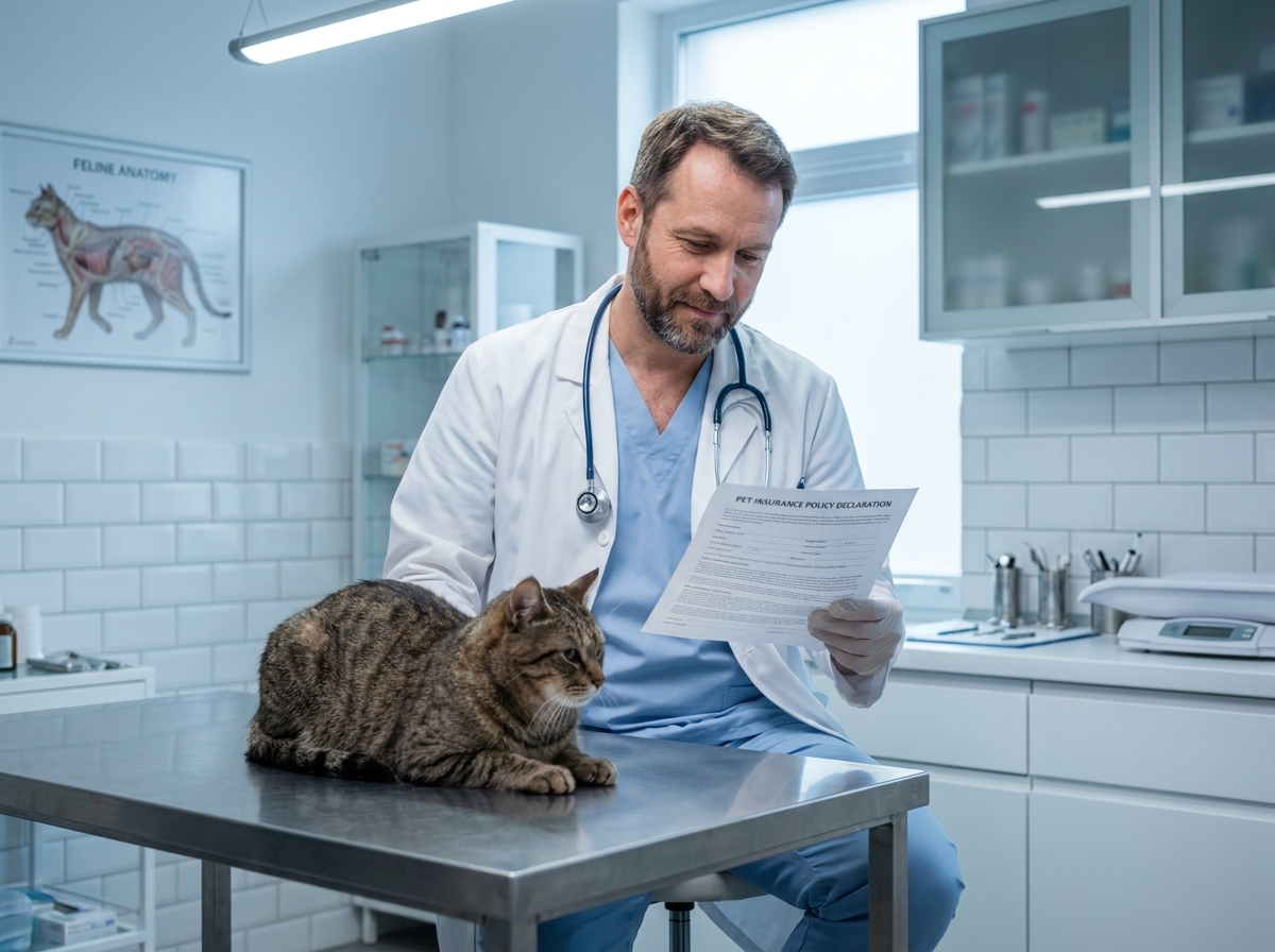 Vétérinaire examinant un contrat d'assurance animaux à côté d'un chat tigré sur une table d'examen dans une clinique vétérinaire moderne
