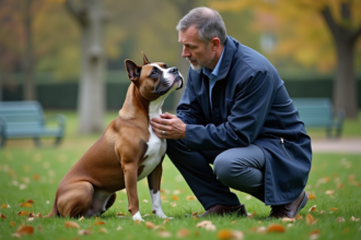 Vétérinaire examinant un staffordshire dans un parc