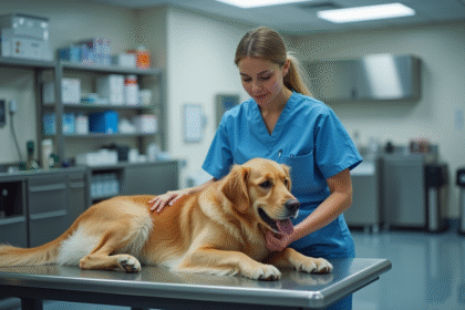 Vétérinaire examinant un chien dans une clinique moderne