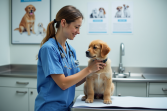Vétérinaire jeune tenant un chiot golden retriever dans une clinique
