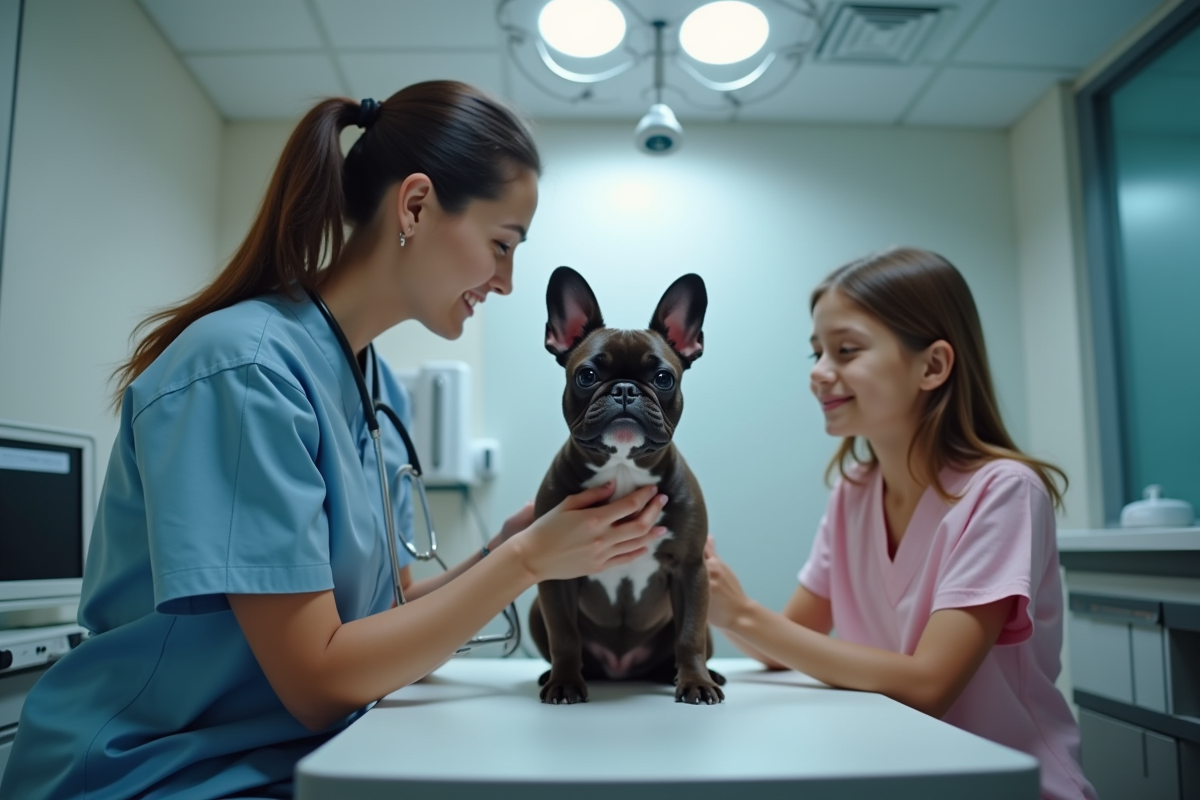 Vétérinaire examinant un bouledogue français dans une clinique