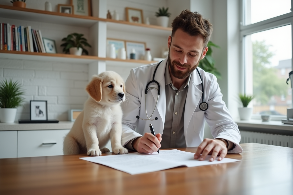 Jeune veterinaire documentant un certificat avec un chiot