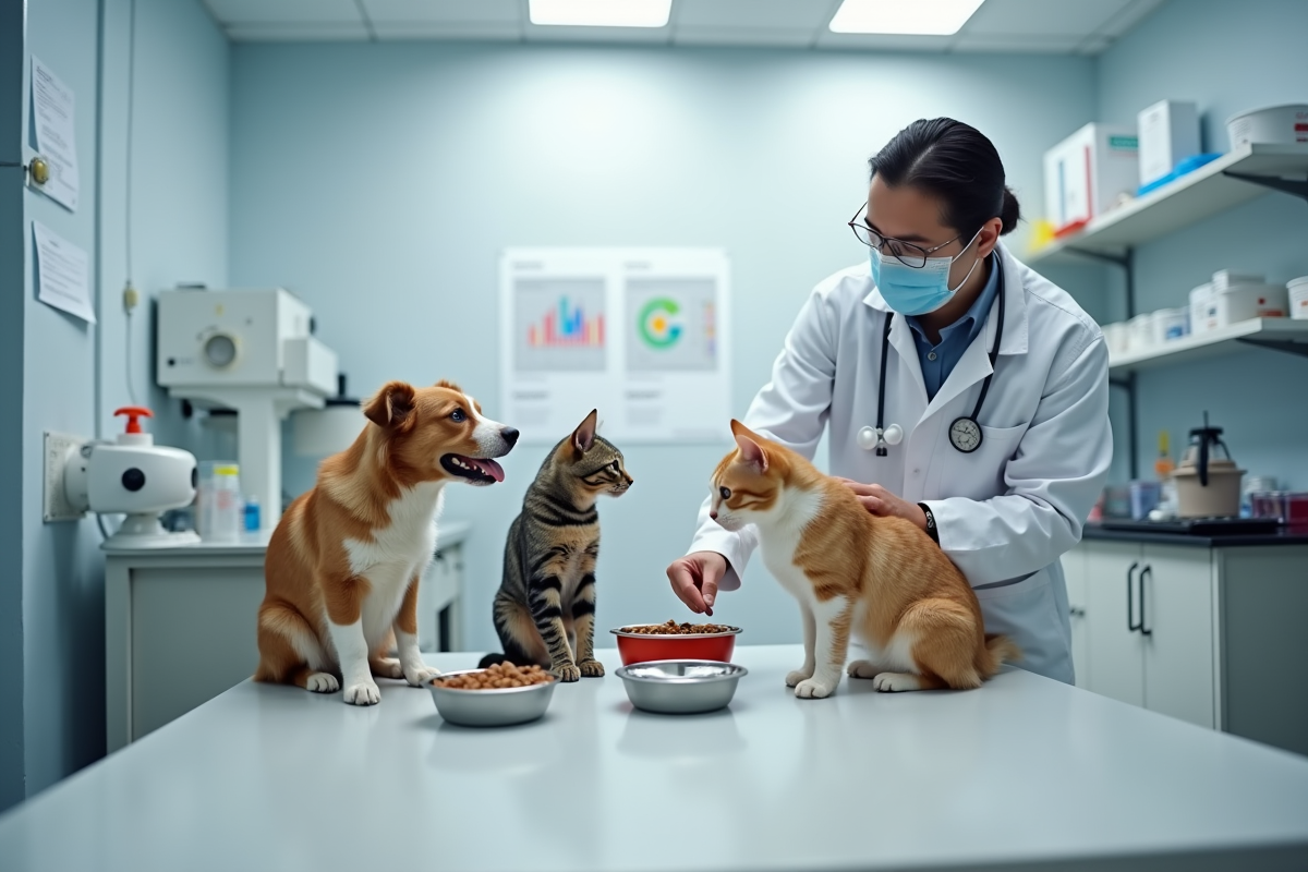 Vétérinaire en laboratoire observant des animaux domestiques