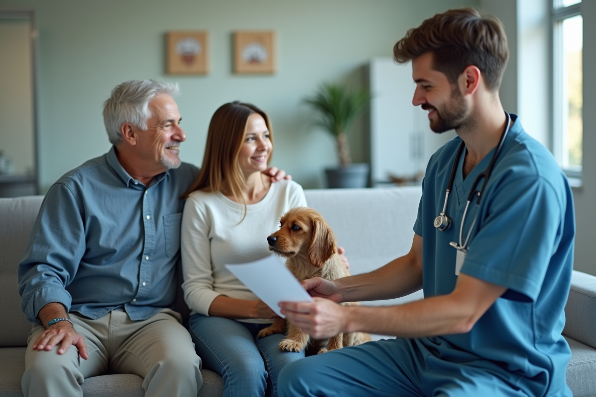 Vétérinaire donnant un dépliant assurance à un couple avec chien