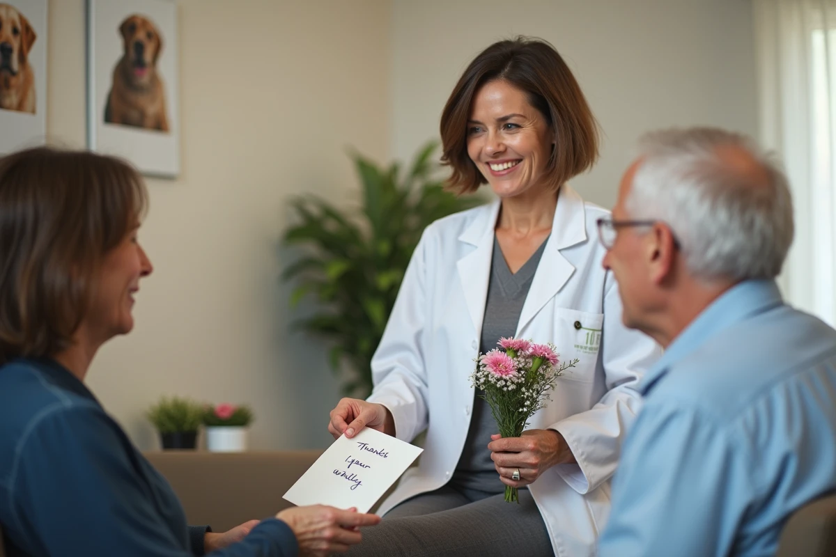 Vétérinaire souriante recevant des fleurs et une carte de remerciement